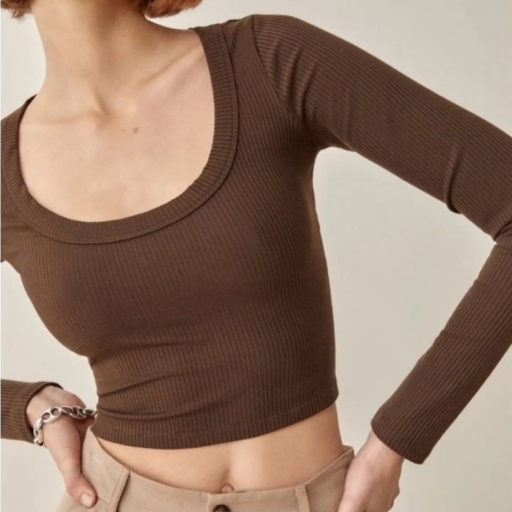 Reformation Chocolate Ribbed Long Sleeve Top